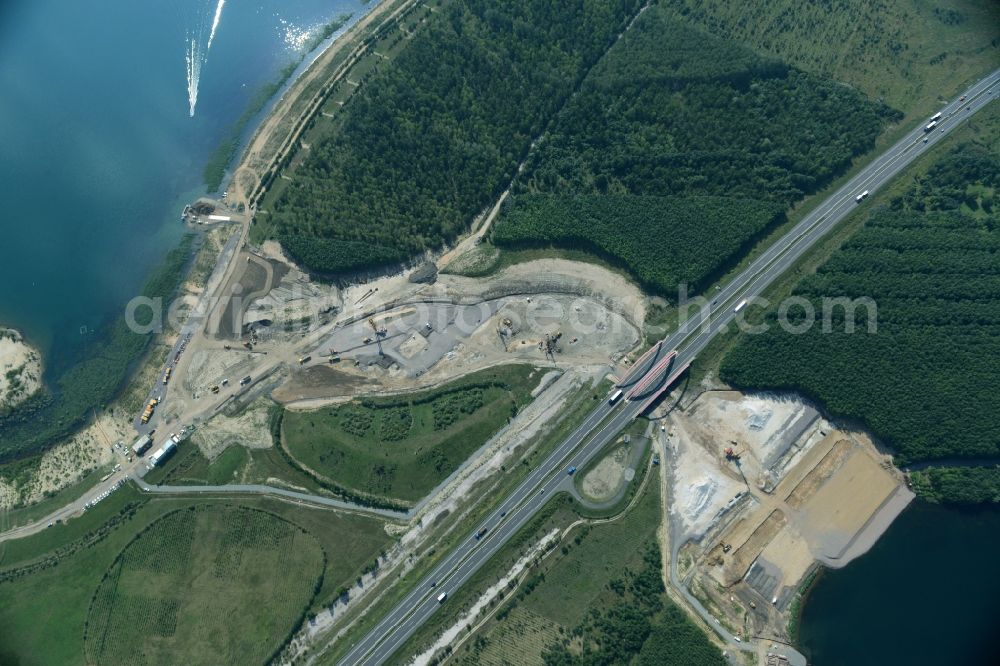 Aerial photograph Zwenkau - Construction Iste of new build connecting cannel Harthkanal between the Lake Zwenkau and Lake Cospuden with the leading highway bridge of the federal motorway A38 in Zwenkau in Saxony