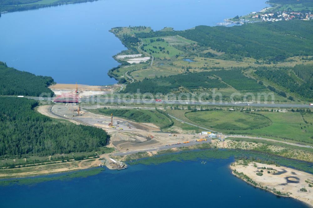 Aerial image Zwenkau - Construction Iste of new build connecting cannel Harthkanal between the Lake Zwenkau and Lake Cospuden with the leading highway bridge of the federal motorway A38 in Zwenkau in Saxony