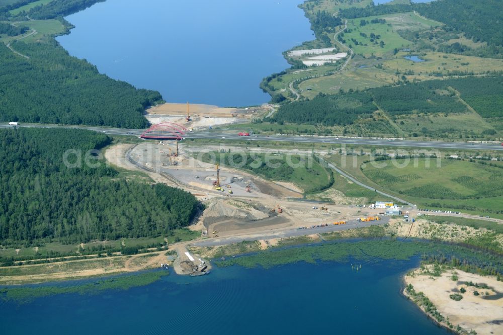 Aerial photograph Zwenkau - Construction Iste of new build connecting cannel Harthkanal between the Lake Zwenkau and Lake Cospuden with the leading highway bridge of the federal motorway A38 in Zwenkau in Saxony