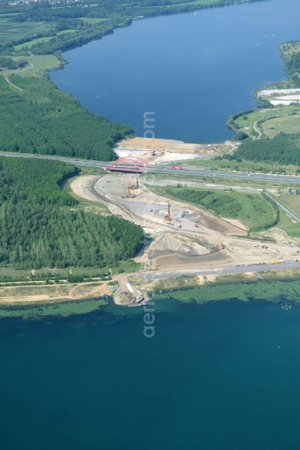 Zwenkau from above - Construction Iste of new build connecting cannel Harthkanal between the Lake Zwenkau and Lake Cospuden with the leading highway bridge of the federal motorway A38 in Zwenkau in Saxony