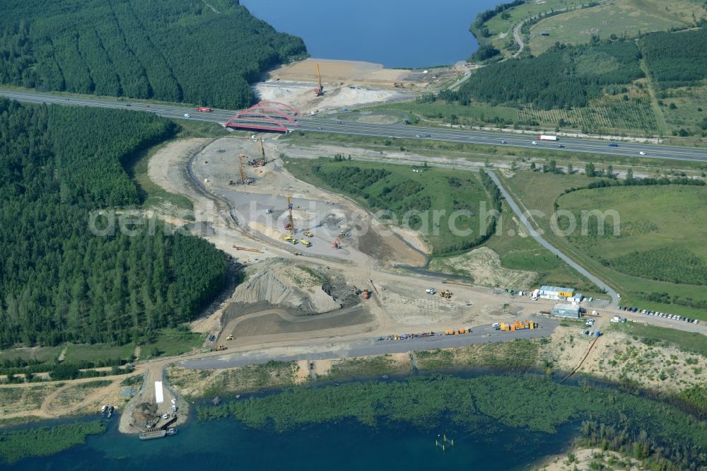 Aerial image Zwenkau - Construction Iste of new build connecting cannel Harthkanal between the Lake Zwenkau and Lake Cospuden with the leading highway bridge of the federal motorway A38 in Zwenkau in Saxony