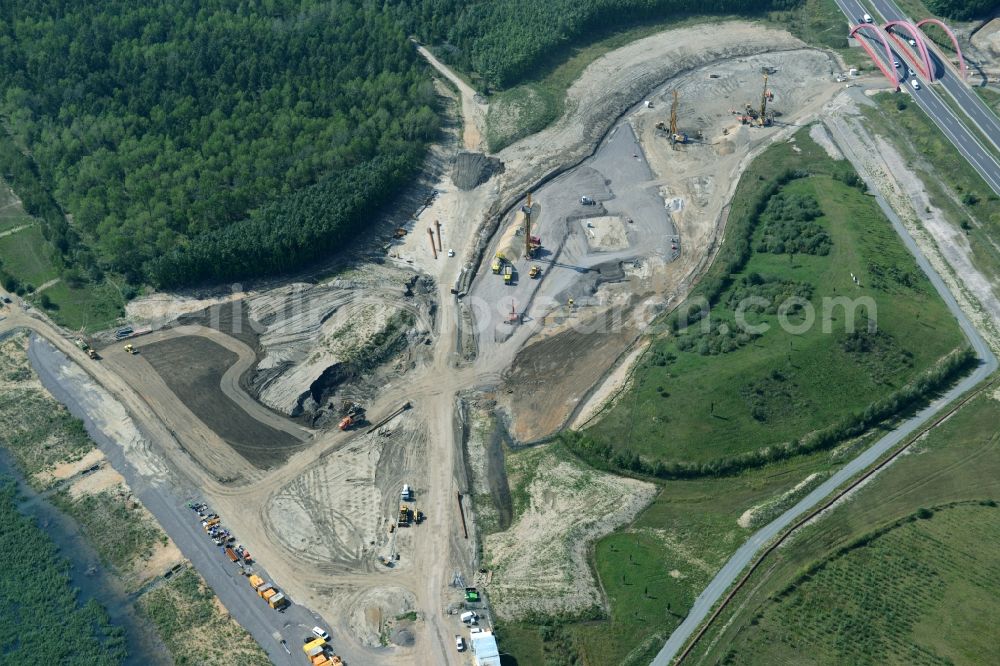 Zwenkau from above - Construction Iste of new build connecting cannel Harthkanal between the Lake Zwenkau and Lake Cospuden with the leading highway bridge of the federal motorway A38 in Zwenkau in Saxony