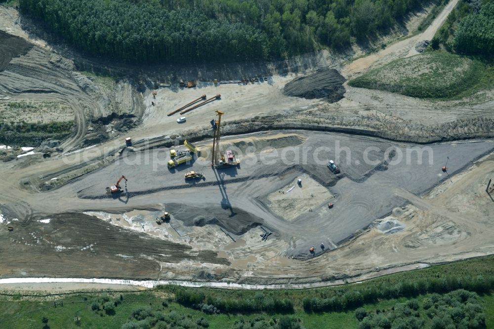 Aerial image Zwenkau - Construction Iste of new build connecting cannel Harthkanal between the Lake Zwenkau and Lake Cospuden with the leading highway bridge of the federal motorway A38 in Zwenkau in Saxony