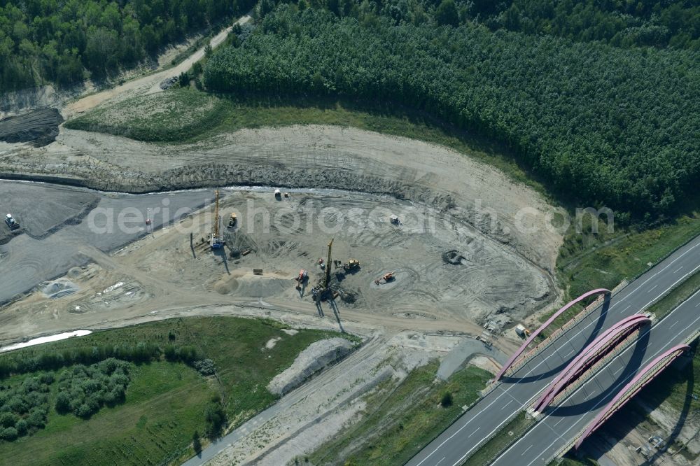 Aerial photograph Zwenkau - Construction Iste of new build connecting cannel Harthkanal between the Lake Zwenkau and Lake Cospuden with the leading highway bridge of the federal motorway A38 in Zwenkau in Saxony