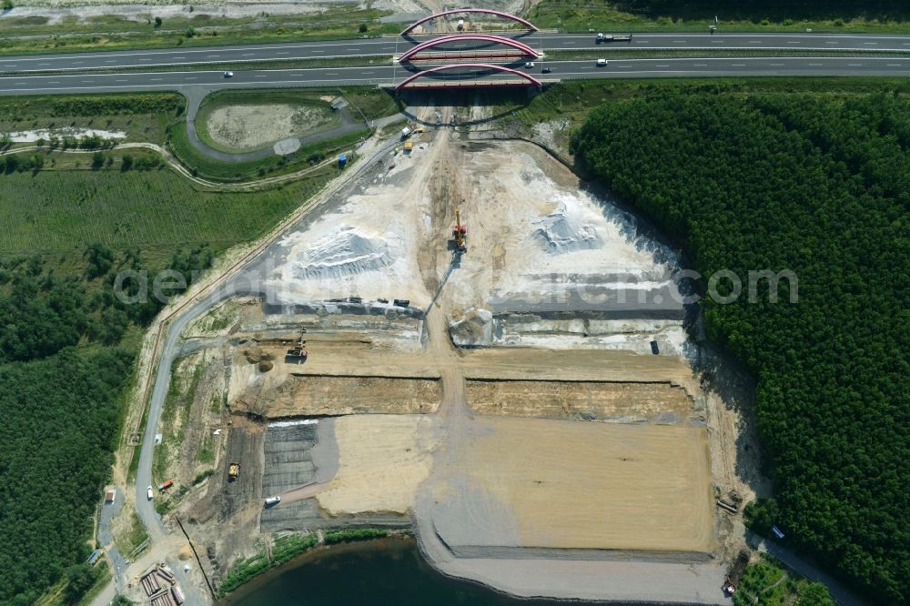 Zwenkau from above - Construction Iste of new build connecting cannel Harthkanal between the Lake Zwenkau and Lake Cospuden with the leading highway bridge of the federal motorway A38 in Zwenkau in Saxony