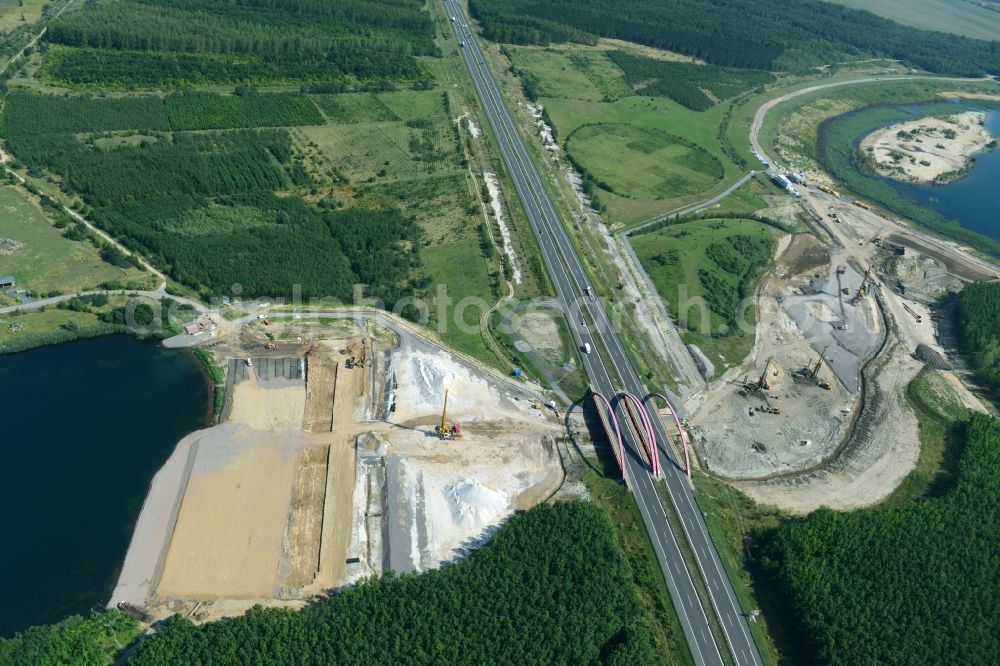 Aerial image Zwenkau - Construction Iste of new build connecting cannel Harthkanal between the Lake Zwenkau and Lake Cospuden with the leading highway bridge of the federal motorway A38 in Zwenkau in Saxony