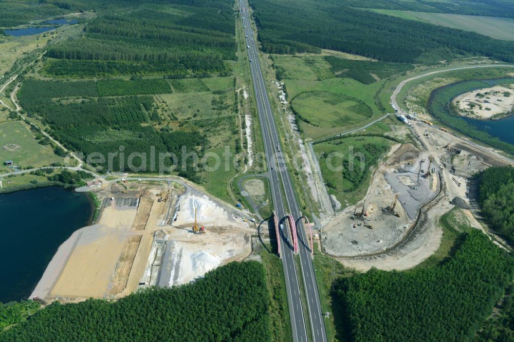 Aerial photograph Zwenkau - Construction Iste of new build connecting cannel Harthkanal between the Lake Zwenkau and Lake Cospuden with the leading highway bridge of the federal motorway A38 in Zwenkau in Saxony