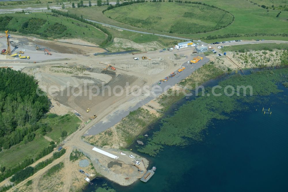 Zwenkau from above - Construction Iste of new build connecting cannel Harthkanal between the Lake Zwenkau and Lake Cospuden with the leading highway bridge of the federal motorway A38 in Zwenkau in Saxony