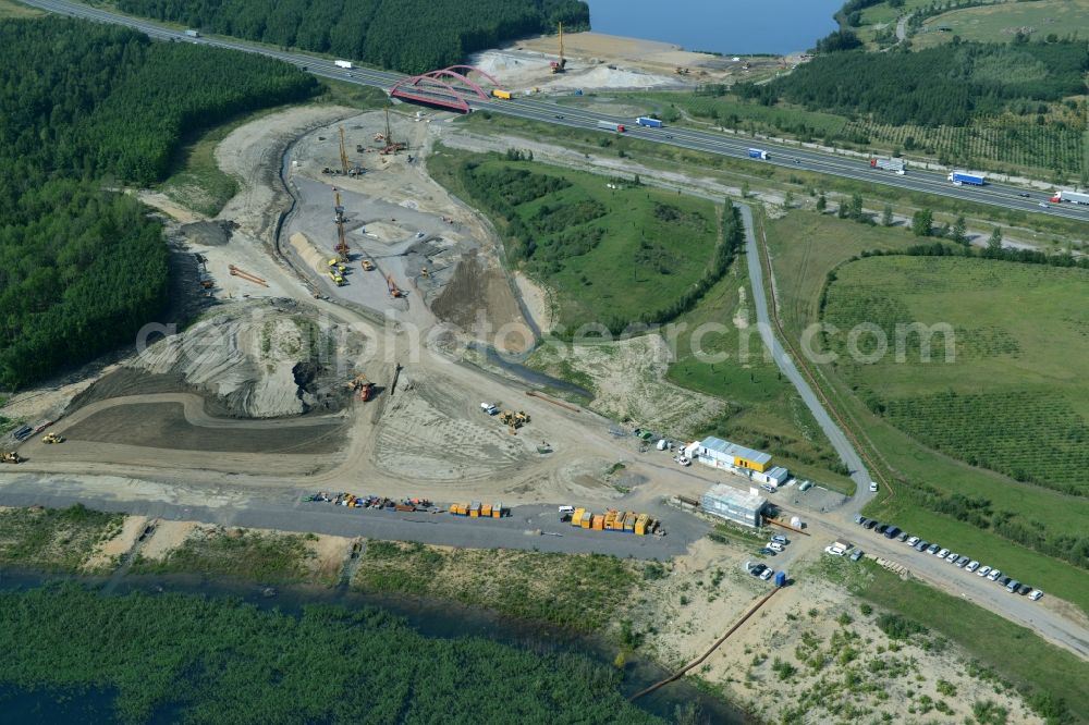 Aerial image Zwenkau - Construction Iste of new build connecting cannel Harthkanal between the Lake Zwenkau and Lake Cospuden with the leading highway bridge of the federal motorway A38 in Zwenkau in Saxony