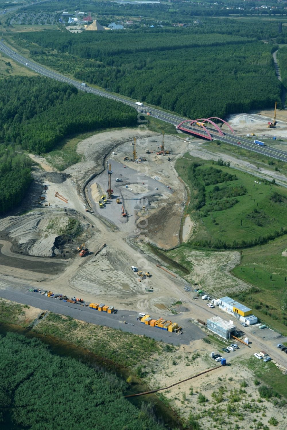 Aerial photograph Zwenkau - Construction Iste of new build connecting cannel Harthkanal between the Lake Zwenkau and Lake Cospuden with the leading highway bridge of the federal motorway A38 in Zwenkau in Saxony