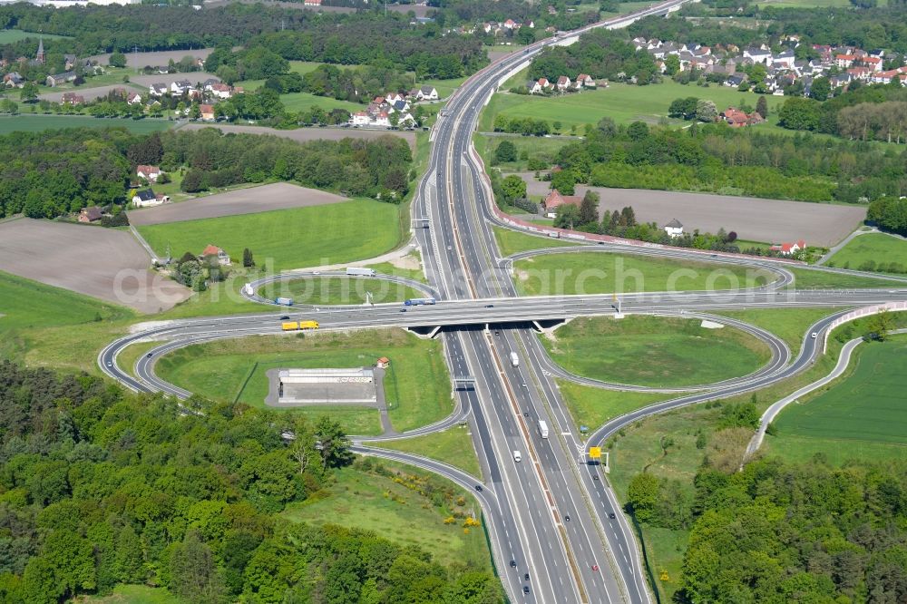 Aerial image Bielefeld - Construction site for the expansion of traffic flow on the motorway BAB A 33 - federal street B61 in the district Brackwede in Bielefeld in the state North Rhine-Westphalia, Germany