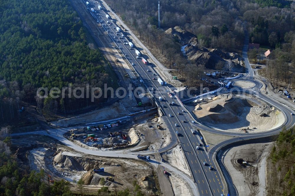 Ferch from above - Construction site for the expansion of traffic flow on the motorway BAB A 10 in Ferch in the state Brandenburg, Germany