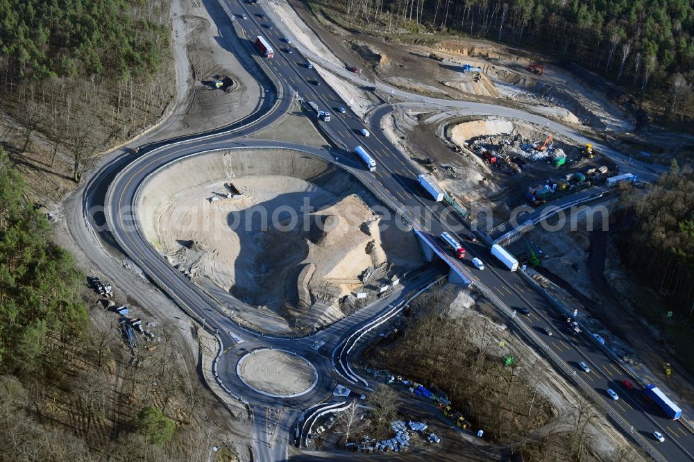 Ferch from the bird's eye view: Construction site for the expansion of traffic flow on the motorway BAB A 10 in Ferch in the state Brandenburg, Germany