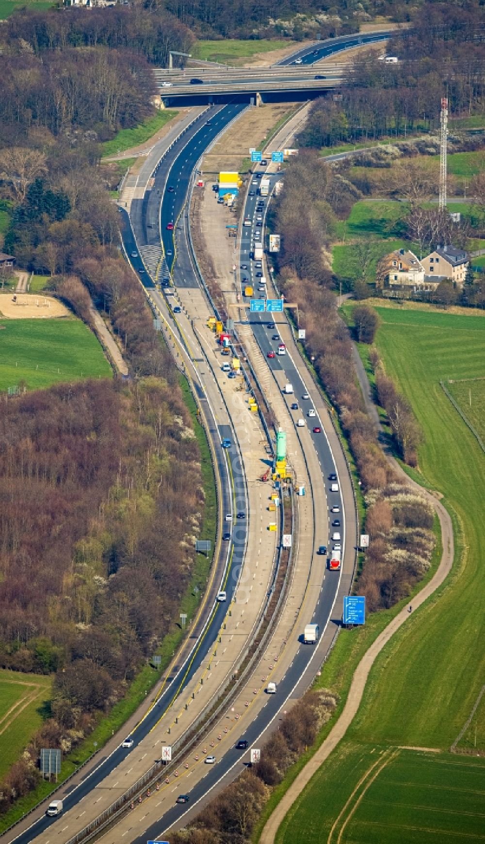 Persebeck from above - Construction to extend the traffic flow at the intersection- motorway A44 - A45 Dortmund/Witten in Persebeck at Ruhrgebiet in the state North Rhine-Westphalia, Germany