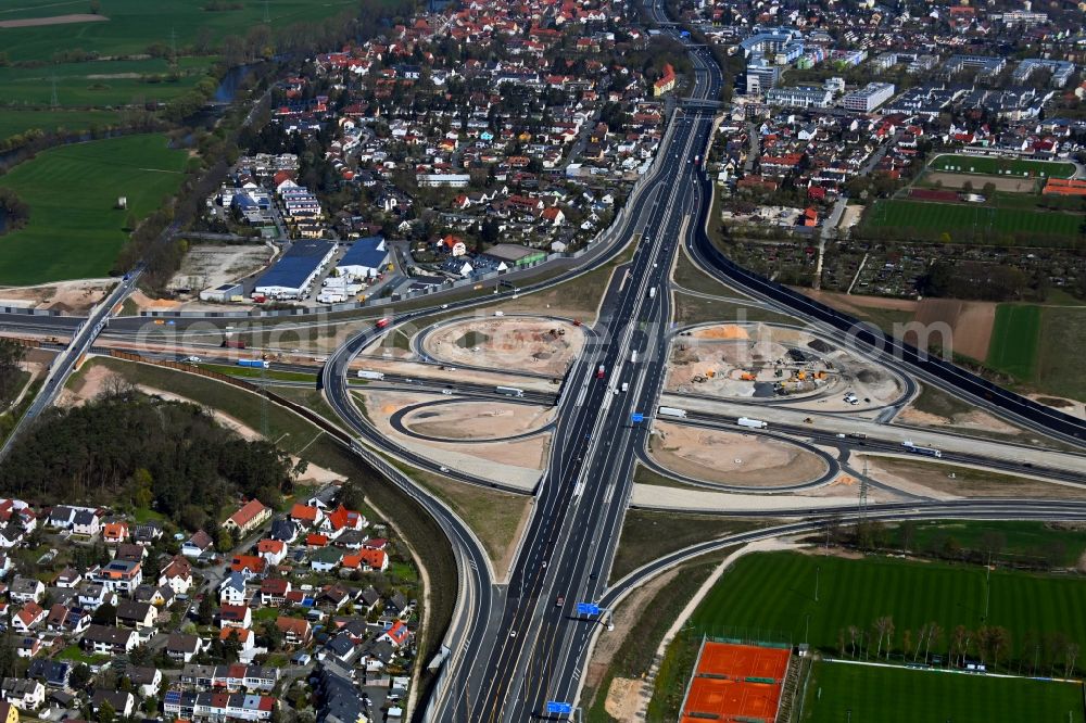 Eltersdorf from above - Construction to extend the traffic flow at the intersection- motorway A Autobahnkreuz of BAB A73 - A3 in Eltersdorf in the state Bavaria, Germany