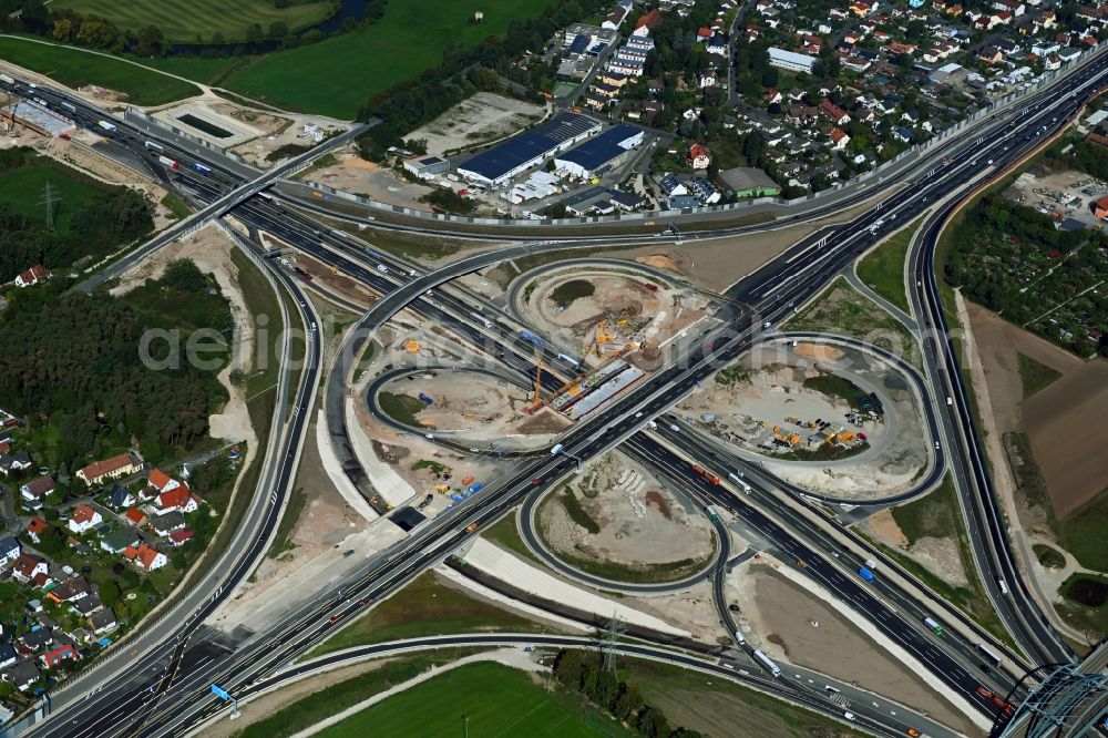 Erlangen from above - Construction to extend the traffic flow at the intersection- motorway A 73 in Erlangen in the state Bavaria, Germany