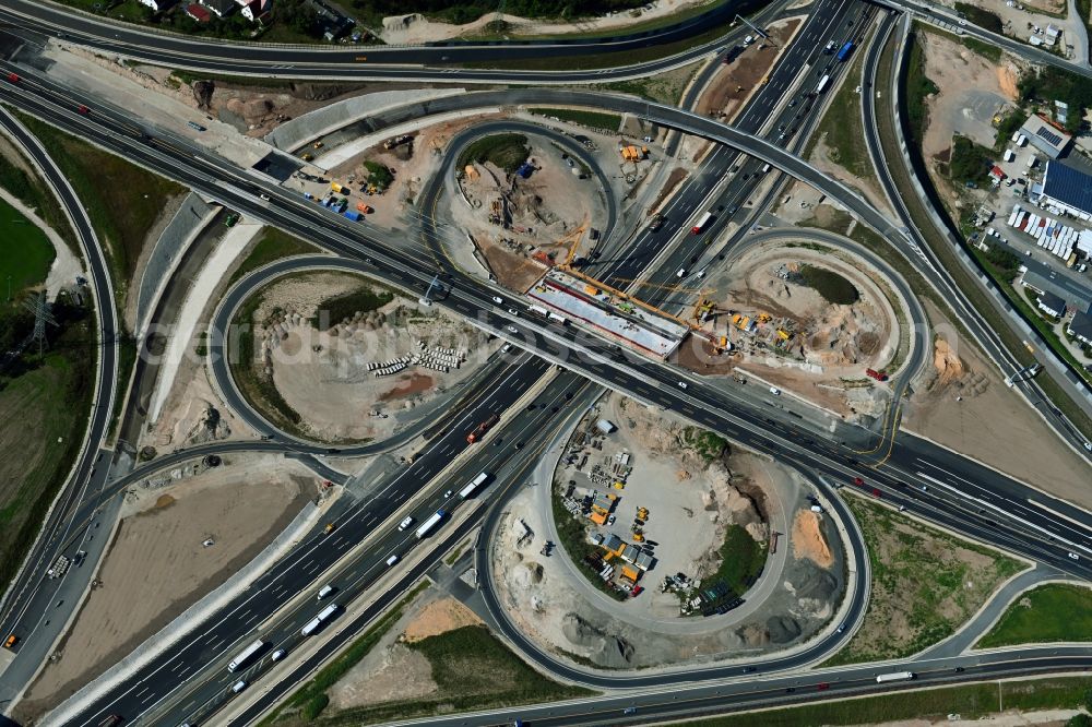 Erlangen from above - Construction to extend the traffic flow at the intersection- motorway A 73 in Erlangen in the state Bavaria, Germany