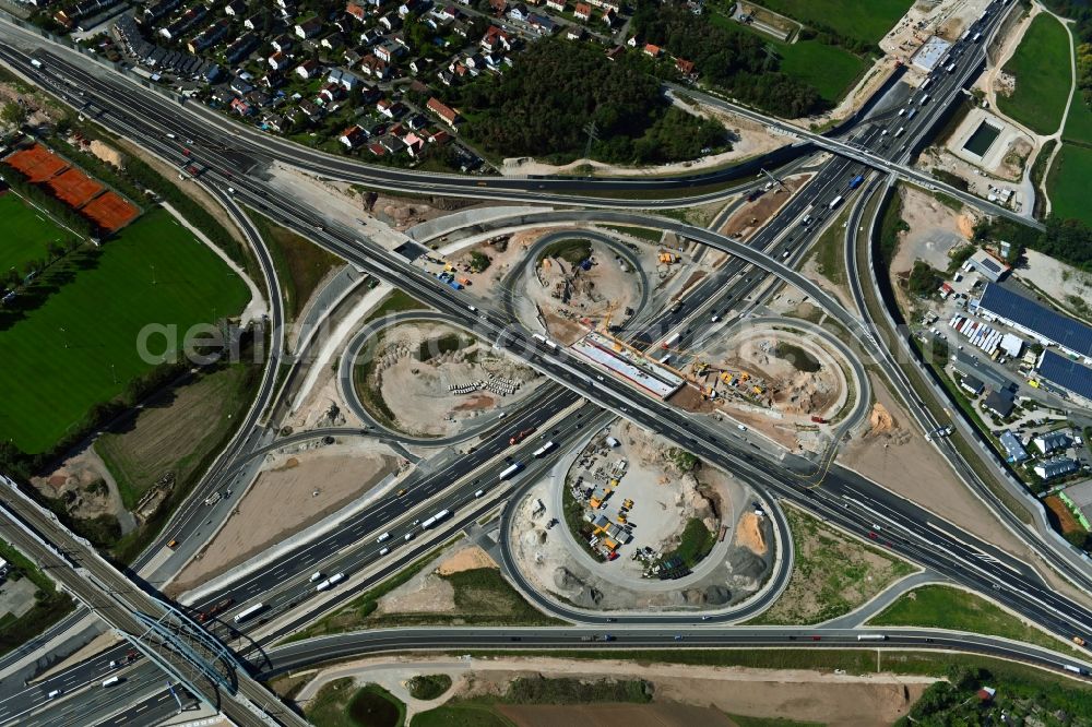 Erlangen from the bird's eye view: Construction to extend the traffic flow at the intersection- motorway A 73 in Erlangen in the state Bavaria, Germany