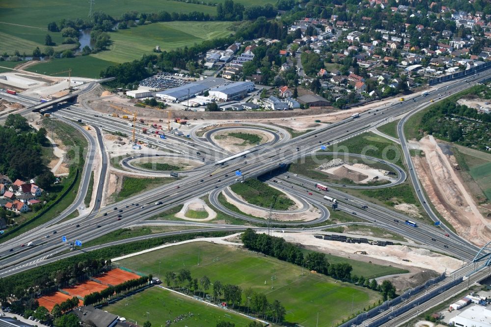 Erlangen from the bird's eye view: Construction to extend the traffic flow at the intersection- motorway A 73 Fuerth/Erlangen in Erlangen in the state Bavaria, Germany