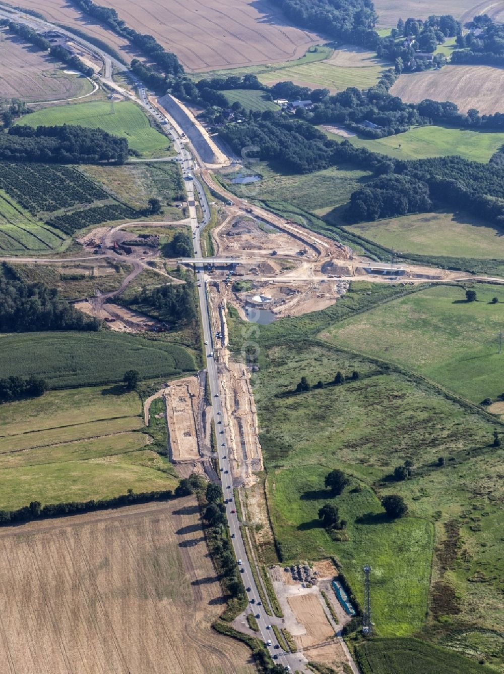 Löptin from above - Construction to extend the traffic flow at the intersection- motorway A 21 / B 404 in the district Tanneneck in Loeptin in the state Schleswig-Holstein