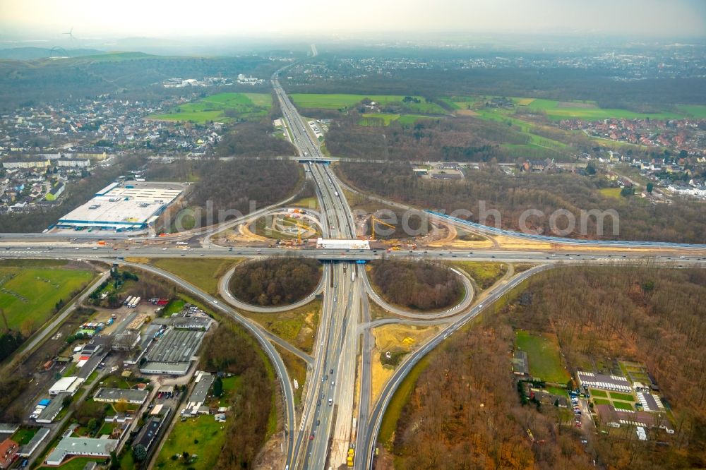 Recklinghausen from above - Construction to extend the traffic flow at the intersection- motorway A 2 - A43 in Recklinghausen in the state North Rhine-Westphalia, Germany