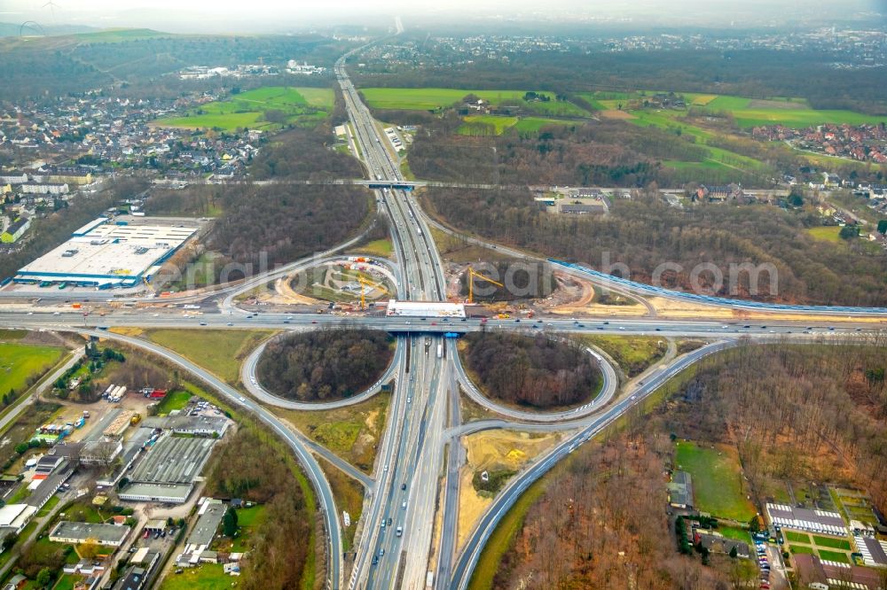 Recklinghausen from the bird's eye view: Construction to extend the traffic flow at the intersection- motorway A 2 - A43 in Recklinghausen in the state North Rhine-Westphalia, Germany