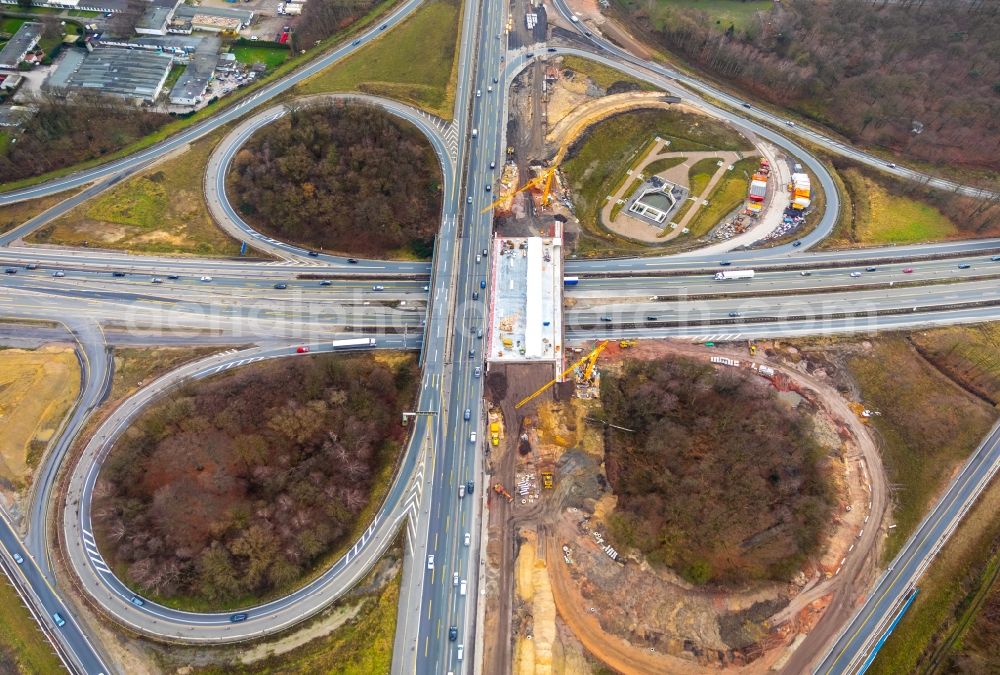 Recklinghausen from above - Construction to extend the traffic flow at the intersection- motorway A 2 - A43 in Recklinghausen in the state North Rhine-Westphalia, Germany