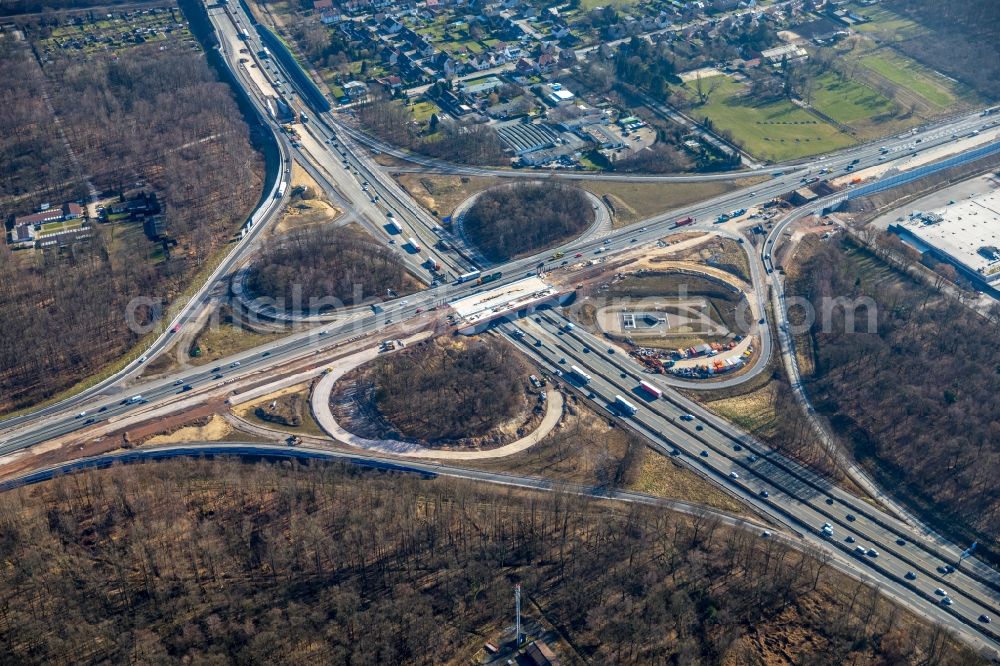 Recklinghausen from the bird's eye view: Construction to extend the traffic flow at the intersection- motorway A 2 - A43 in Recklinghausen in the state North Rhine-Westphalia, Germany