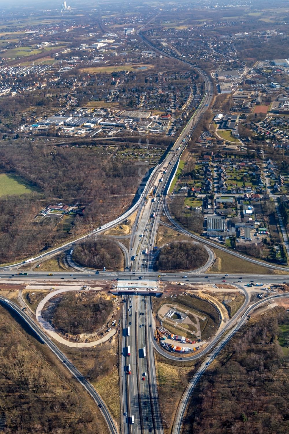 Recklinghausen from above - Construction to extend the traffic flow at the intersection- motorway A 2 - A43 in Recklinghausen in the state North Rhine-Westphalia, Germany