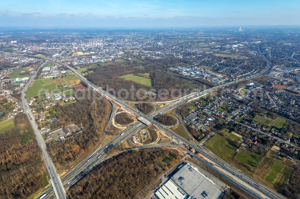 Aerial photograph Recklinghausen - Construction to extend the traffic flow at the intersection- motorway A 2 - A43 in Recklinghausen in the state North Rhine-Westphalia, Germany