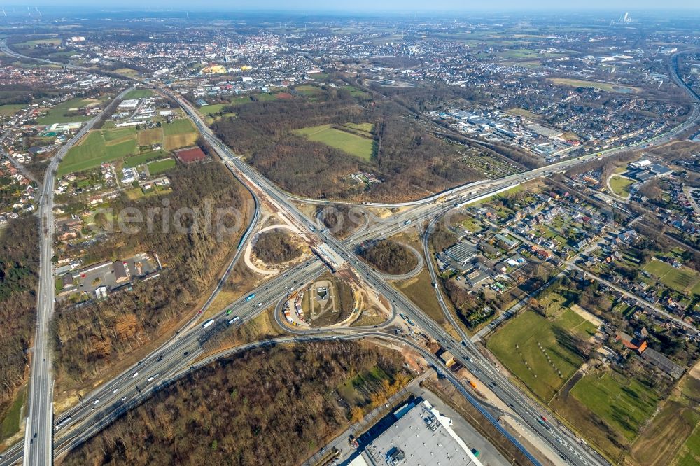 Recklinghausen from above - Construction to extend the traffic flow at the intersection- motorway A 2 - A43 in Recklinghausen in the state North Rhine-Westphalia, Germany