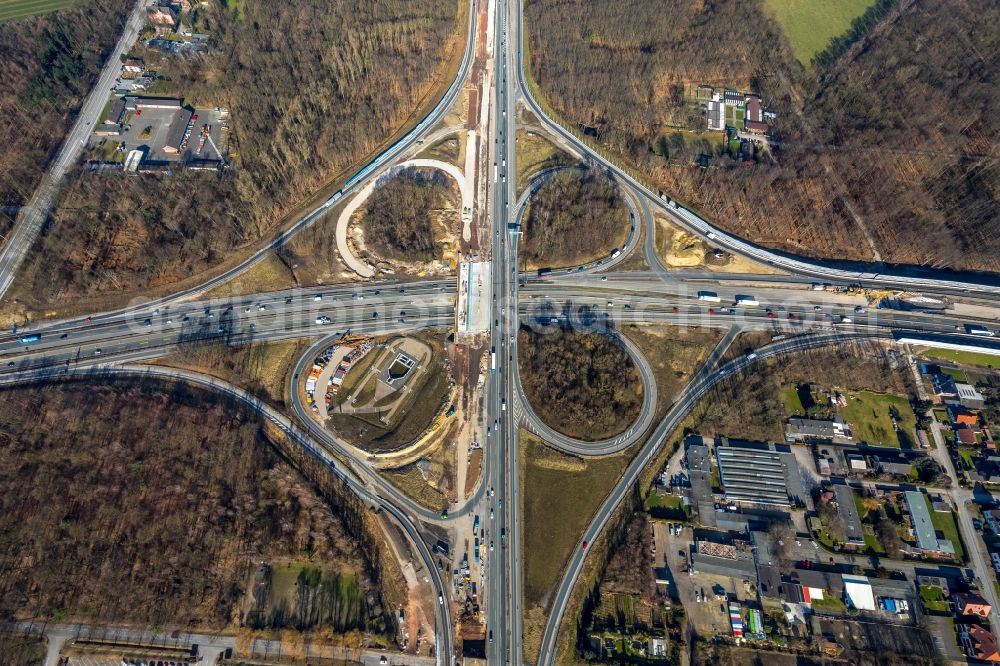 Recklinghausen from the bird's eye view: Construction to extend the traffic flow at the intersection- motorway A 2 - A43 in Recklinghausen in the state North Rhine-Westphalia, Germany