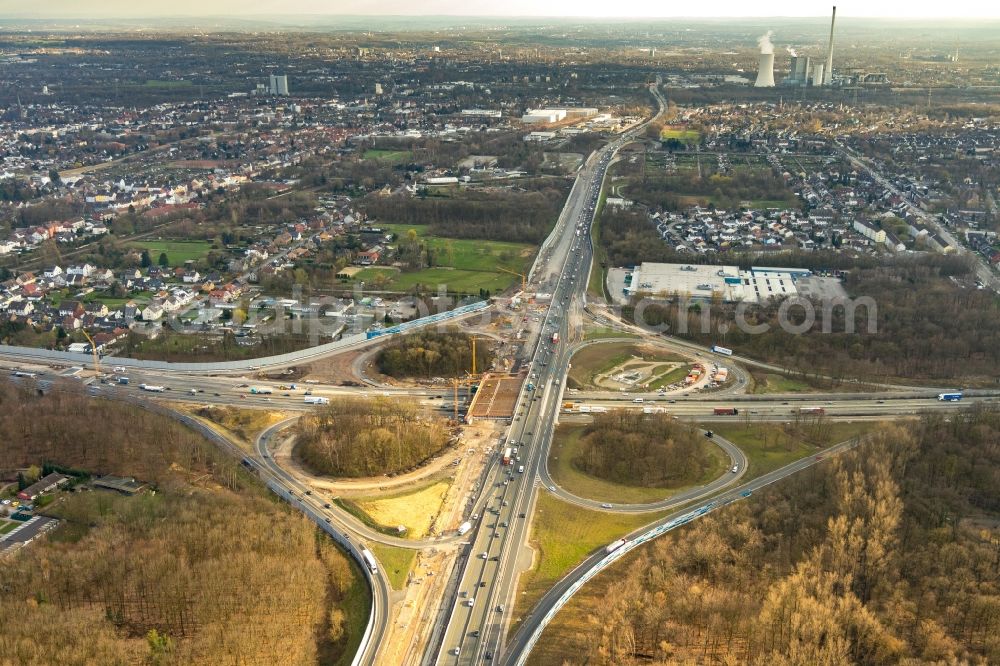 Recklinghausen from the bird's eye view: Construction to extend the traffic flow at the intersection- motorway A 2 - A43 in Recklinghausen in the state North Rhine-Westphalia, Germany