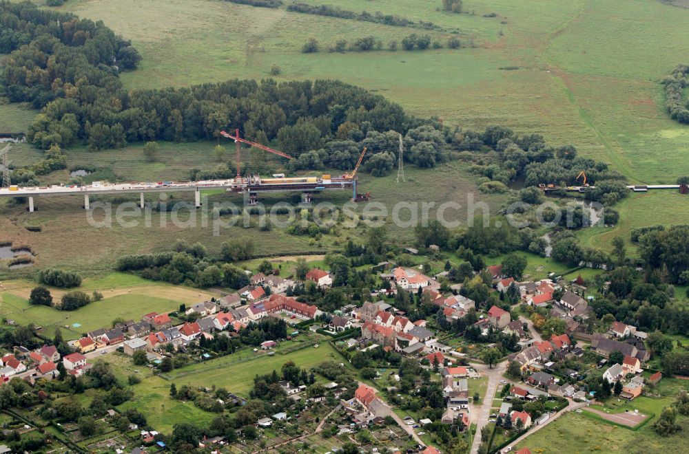 Aerial image Rattmannsdorf - Construction site of viaduct of the railway bridge structure to route the railway tracks in Rattmannsdorf in the state Saxony-Anhalt, Germany