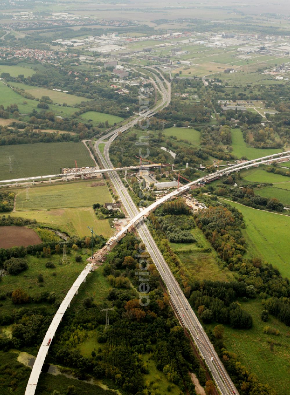 Aerial photograph Rattmannsdorf - Construction site of viaduct of the railway bridge structure to route the railway tracks in Rattmannsdorf in the state Saxony-Anhalt, Germany