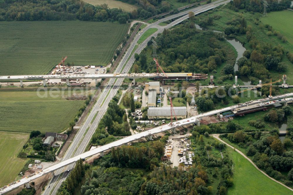 Rattmannsdorf from the bird's eye view: Construction site of viaduct of the railway bridge structure to route the railway tracks in Rattmannsdorf in the state Saxony-Anhalt, Germany