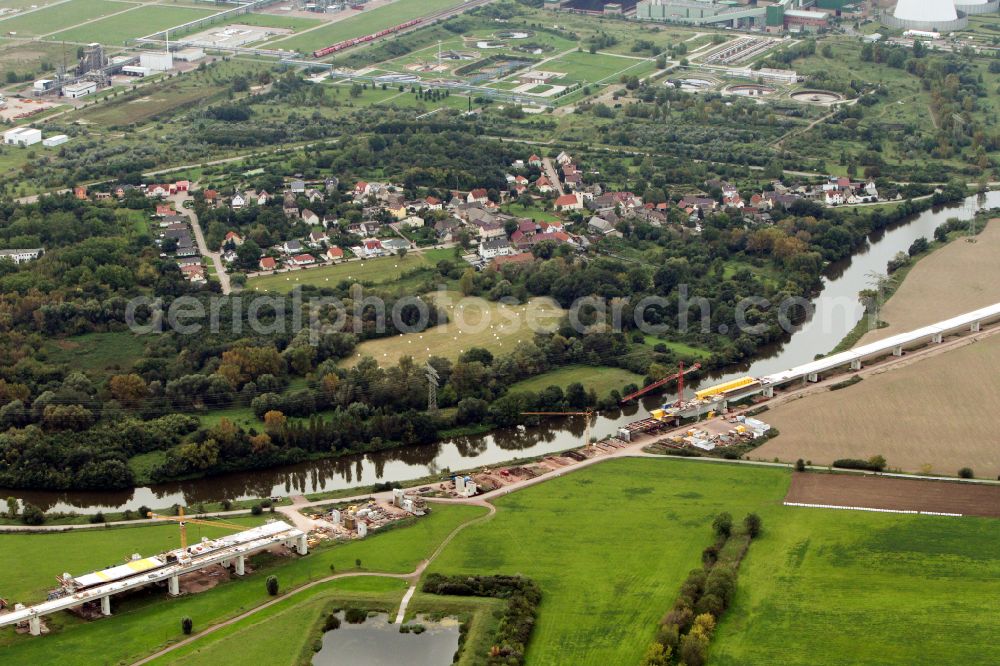 Aerial image Rattmannsdorf - Construction site of viaduct of the railway bridge structure to route the railway tracks in Rattmannsdorf in the state Saxony-Anhalt, Germany