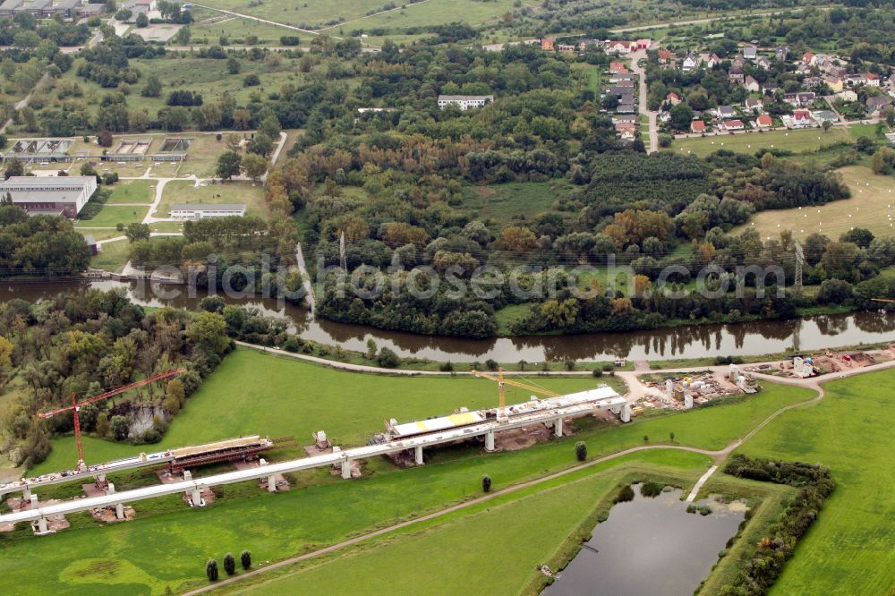 Aerial photograph Rattmannsdorf - Construction site of viaduct of the railway bridge structure to route the railway tracks in Rattmannsdorf in the state Saxony-Anhalt, Germany