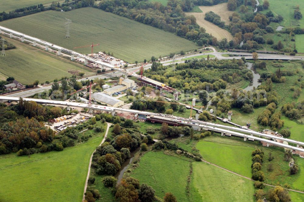 Rattmannsdorf from above - Construction site of viaduct of the railway bridge structure to route the railway tracks in Rattmannsdorf in the state Saxony-Anhalt, Germany