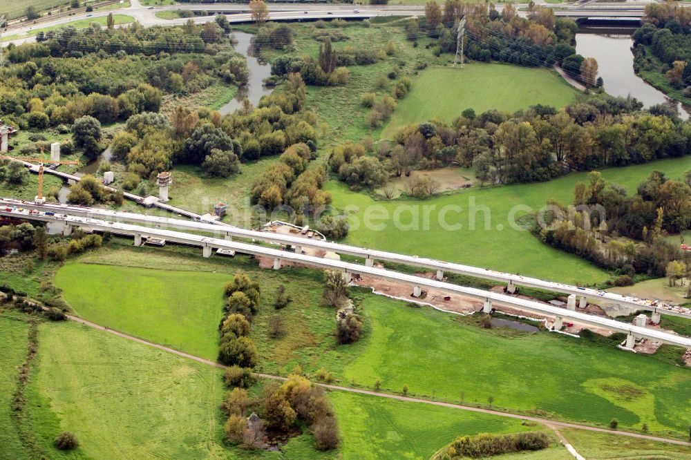 Aerial image Rattmannsdorf - Construction site of viaduct of the railway bridge structure to route the railway tracks in Rattmannsdorf in the state Saxony-Anhalt, Germany