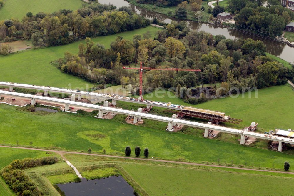 Aerial photograph Rattmannsdorf - Construction site of viaduct of the railway bridge structure to route the railway tracks in Rattmannsdorf in the state Saxony-Anhalt, Germany