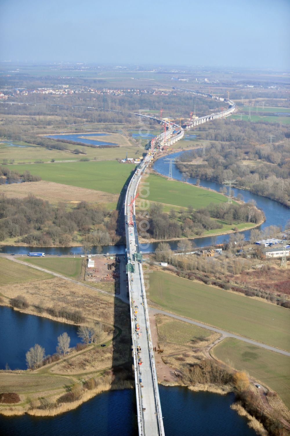 Aerial photograph Rattmannsdorf - Construction site of viaduct of the railway bridge structure to route the railway tracks in Rattmannsdorf in the state Saxony-Anhalt, Germany