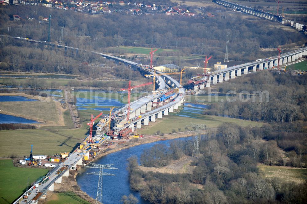 Rattmannsdorf from above - Construction site of viaduct of the railway bridge structure to route the railway tracks in Rattmannsdorf in the state Saxony-Anhalt, Germany