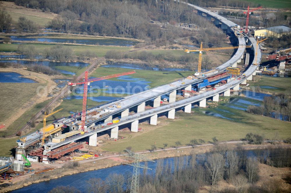 Aerial image Rattmannsdorf - Construction site of viaduct of the railway bridge structure to route the railway tracks in Rattmannsdorf in the state Saxony-Anhalt, Germany