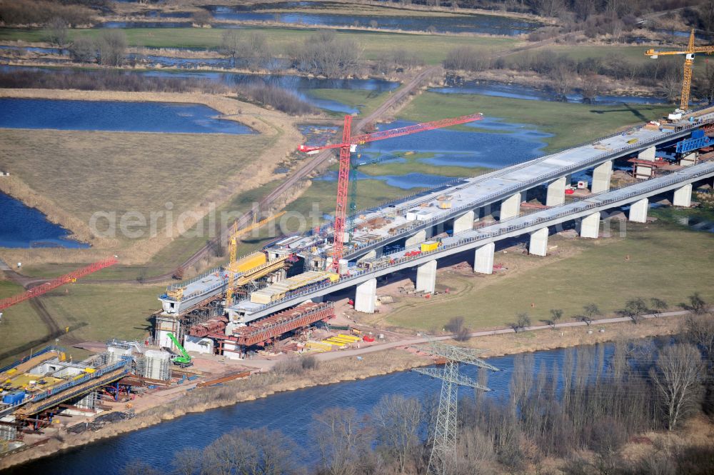 Aerial photograph Rattmannsdorf - Construction site of viaduct of the railway bridge structure to route the railway tracks in Rattmannsdorf in the state Saxony-Anhalt, Germany