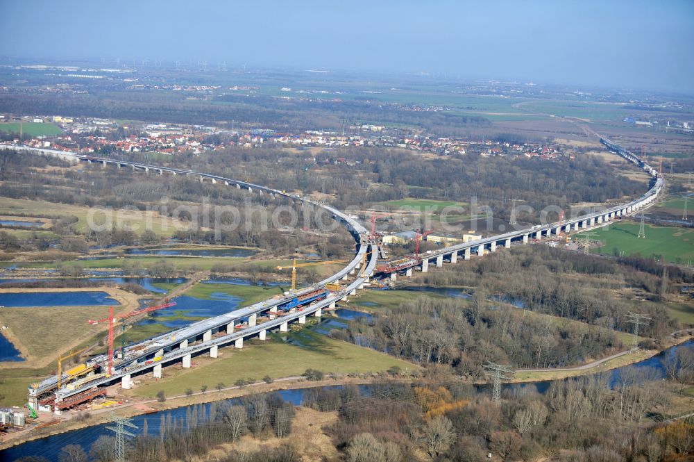 Rattmannsdorf from above - Construction site of viaduct of the railway bridge structure to route the railway tracks in Rattmannsdorf in the state Saxony-Anhalt, Germany