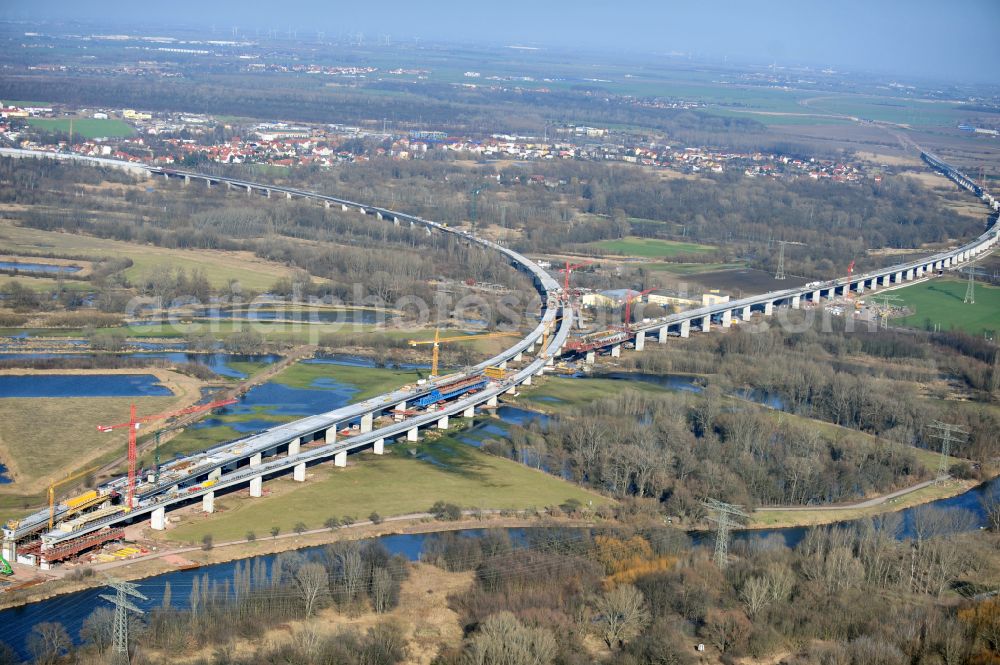 Rattmannsdorf from the bird's eye view: Construction site of viaduct of the railway bridge structure to route the railway tracks in Rattmannsdorf in the state Saxony-Anhalt, Germany