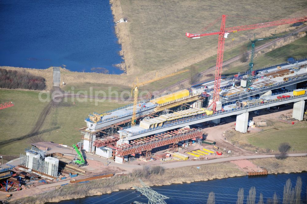 Aerial image Rattmannsdorf - Construction site of viaduct of the railway bridge structure to route the railway tracks in Rattmannsdorf in the state Saxony-Anhalt, Germany