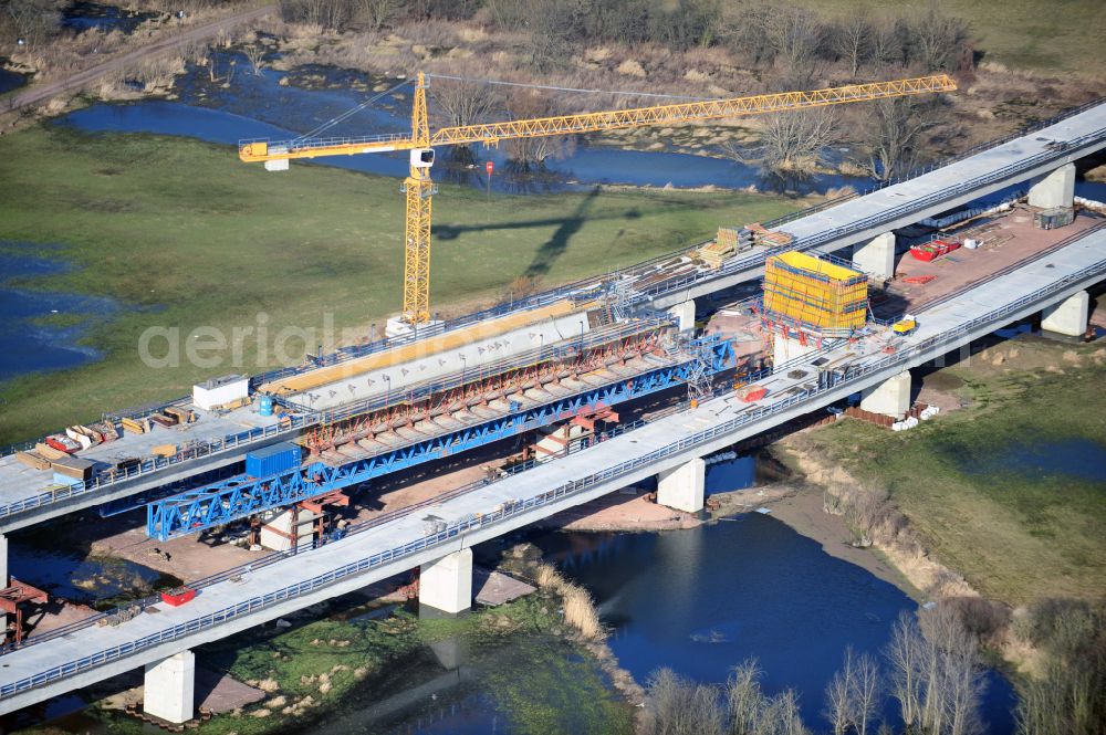 Aerial photograph Rattmannsdorf - Construction site of viaduct of the railway bridge structure to route the railway tracks in Rattmannsdorf in the state Saxony-Anhalt, Germany