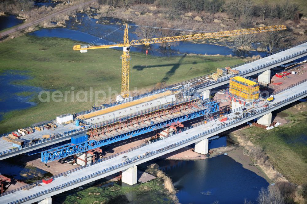 Rattmannsdorf from above - Construction site of viaduct of the railway bridge structure to route the railway tracks in Rattmannsdorf in the state Saxony-Anhalt, Germany